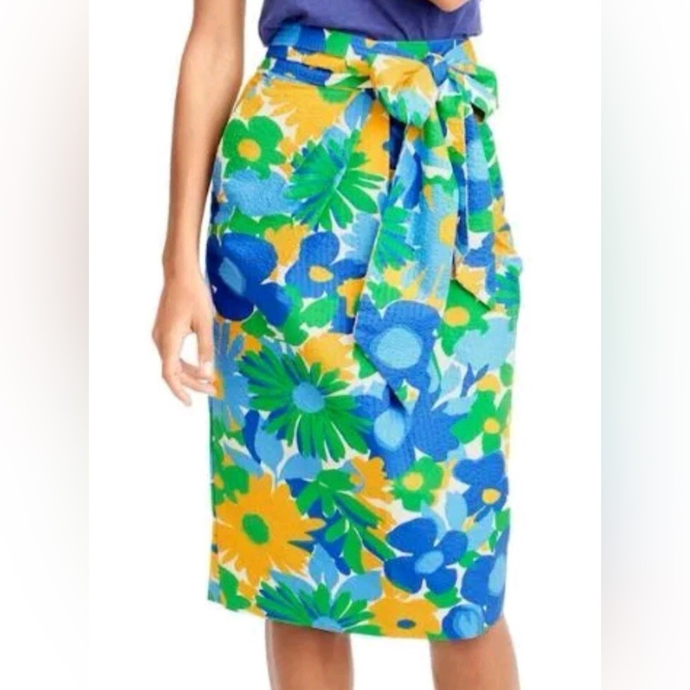 J.Crew Floral Blue & Green waist bow tie puckered cotton skirt